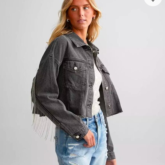 Crop Denim Jacket with Shot Bead Fringe - Picture 4 of 4